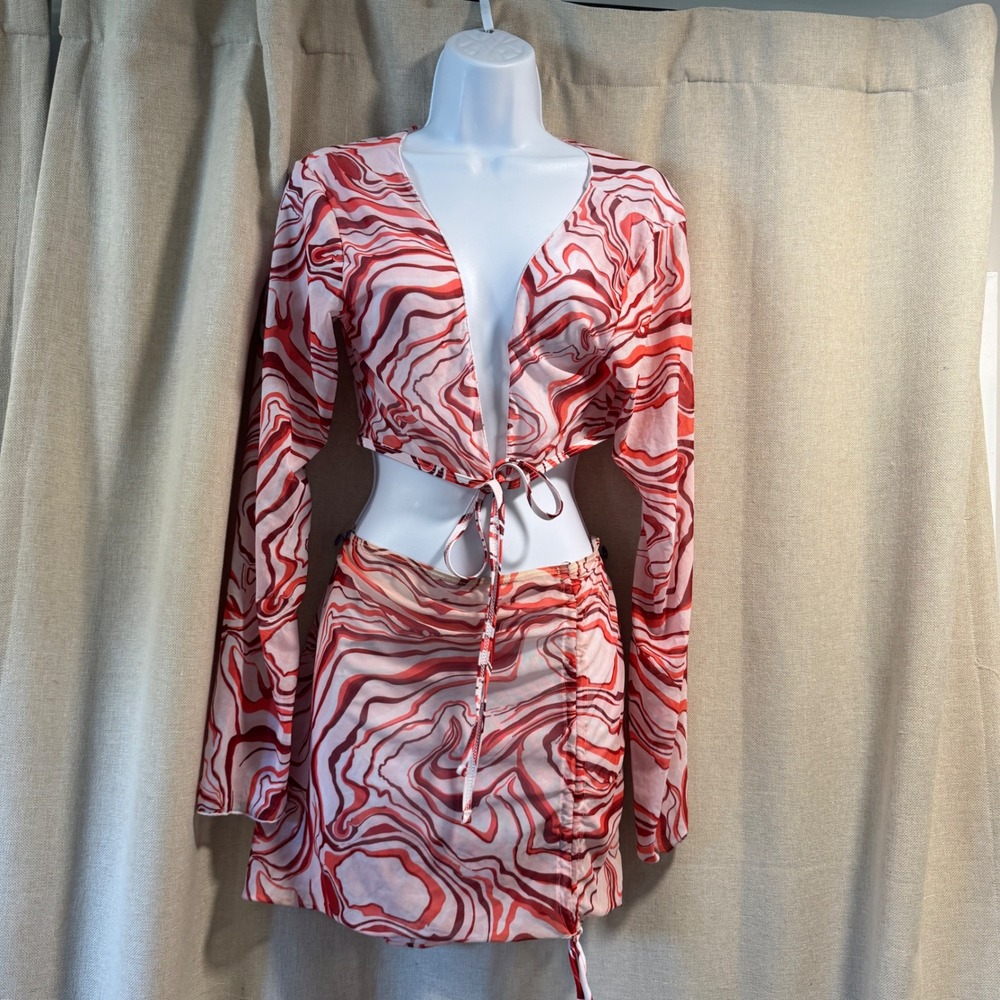 Pink Marble Print Crop Top and Mini‎ Skirt Set Tie Up Festival Rave